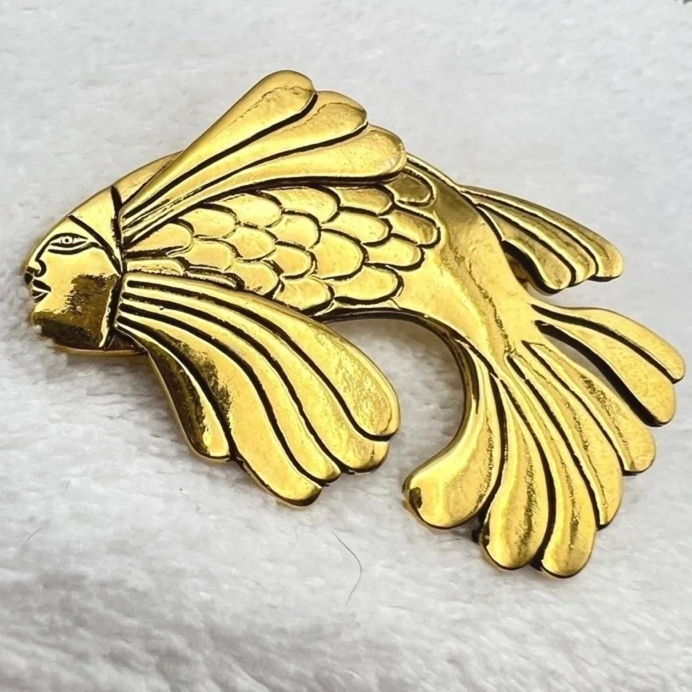 Vintage Fish Brooch Pin Anthropomorphic Laurel Burch Gold Plated Koi 80s 1.75